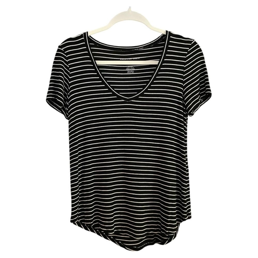 American Eagle Outfitters Black and White Striped Short Sleeve Tee
